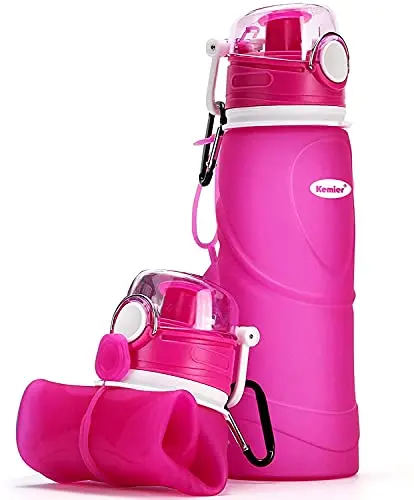 Kemier pink 750ml collapsible silicone water bottle, shown rolled up with its carabiner.