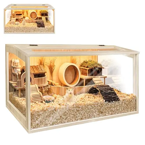 Prolee oak-colored wooden hamster and mouse cage with acrylic front panel