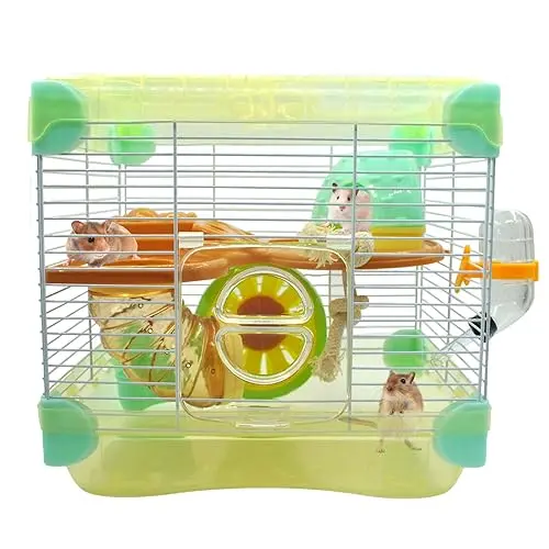 MUYG small yellow two-layer hamster cage with a connecting tube, wheel, and bottle.