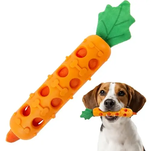 Carrot-shaped dog toy with natural rubber shell and plush crinkle core
