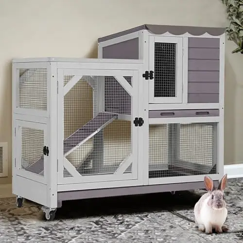 GUTINNEEN grey two-story wooden rabbit hutch with wheels and multiple doors