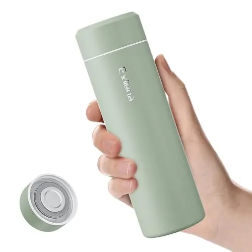 Upgraded Exllena Small Insulated Water Bottle in Sauge Green, showcasing a minimalist design with a stainless steel cap.